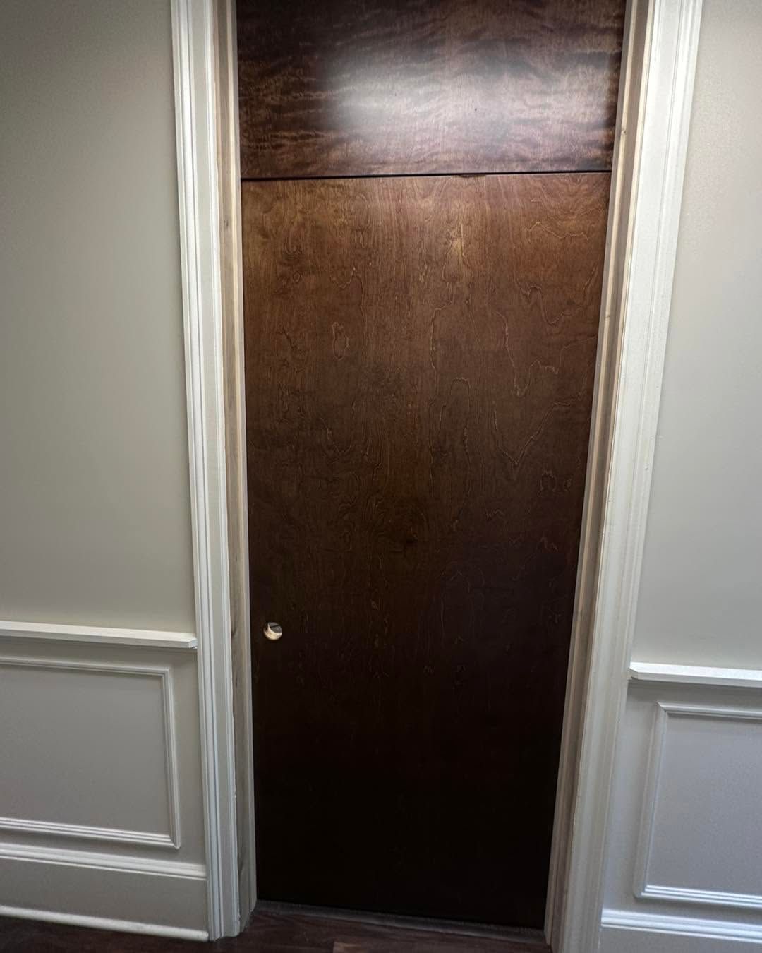Dark wooden door centered in a white-paneled hallway wall.