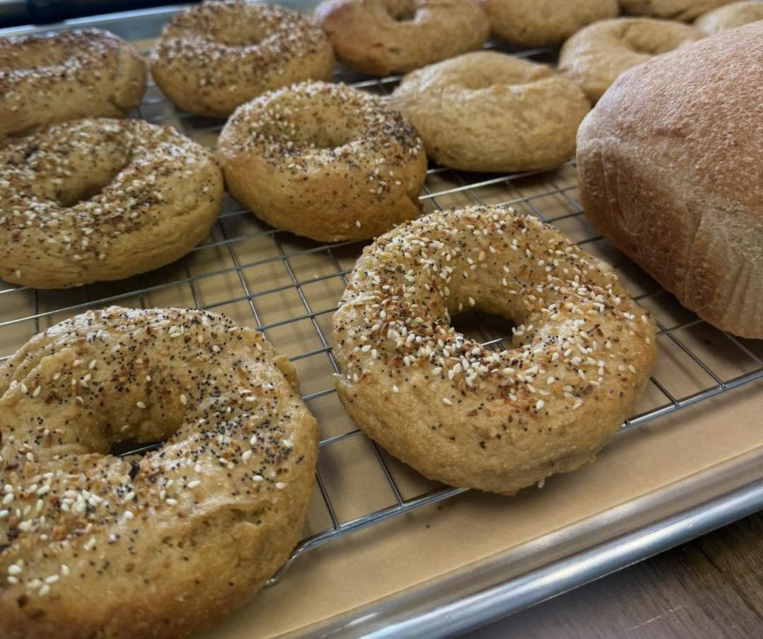 Assorted freshly baked bagels cooling on a wire rack, with sesame and poppy seed toppings.