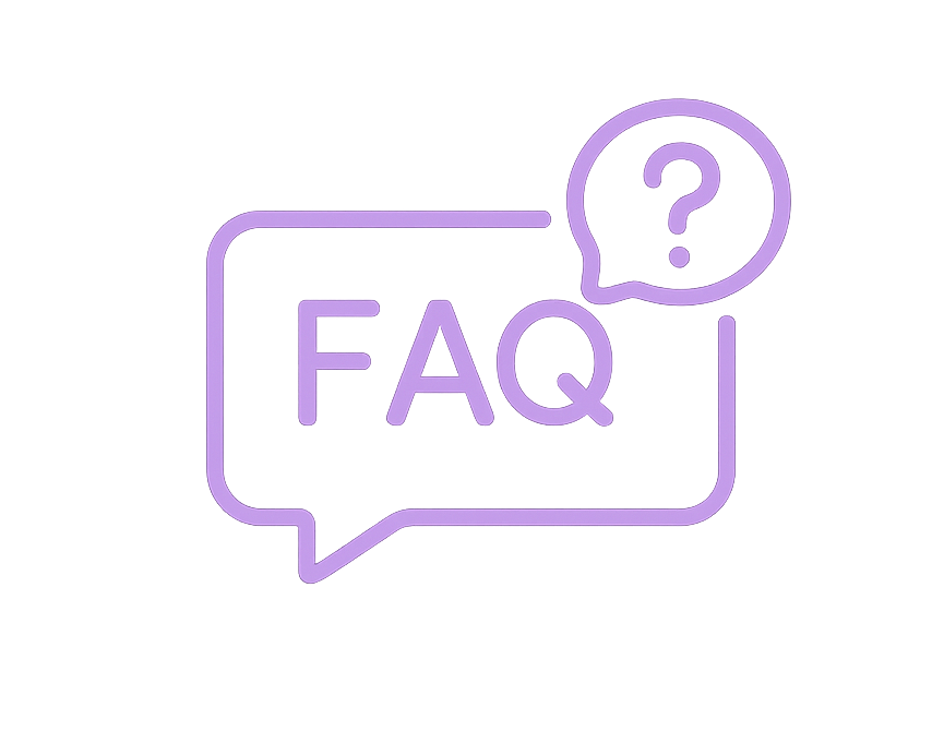 Purple FAQ speech bubble icon with a question mark in a circle