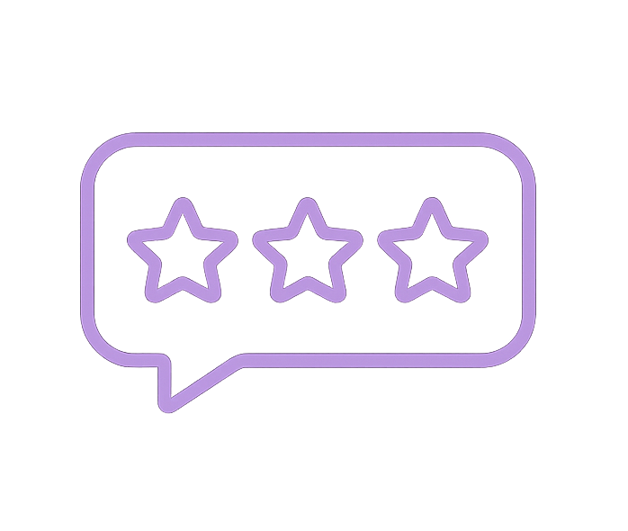 Purple outline speech bubble with three stars inside