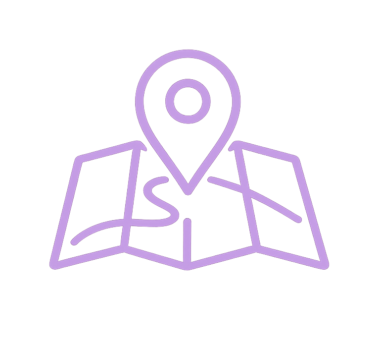 Purple map icon with location pin and winding road line