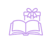 Purple outline icon of an open book with a gift box above it