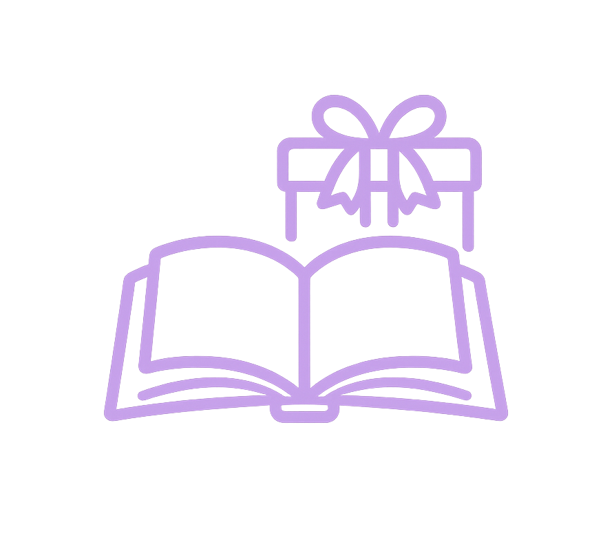 Purple outline icon of an open book with a gift box above it