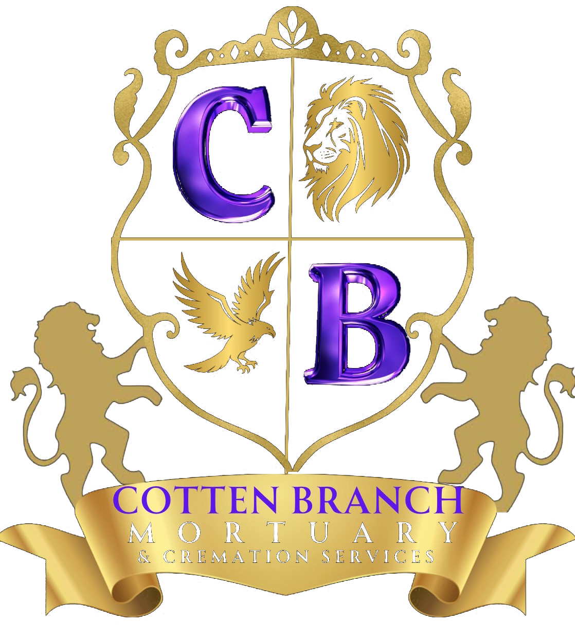 Logo for Cotten-Branch Mortuary featuring an ornate golden crest, heraldic lions, and elegant text on a white background.