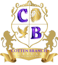 Logo for Cotten-Branch Mortuary featuring an ornate golden crest, heraldic lions, and elegant text on a white background.