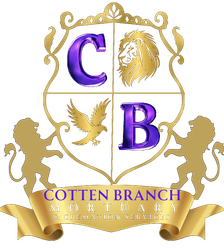 Logo for Cotten-Branch Mortuary featuring an ornate golden crest, heraldic lions, and elegant text on a white background.