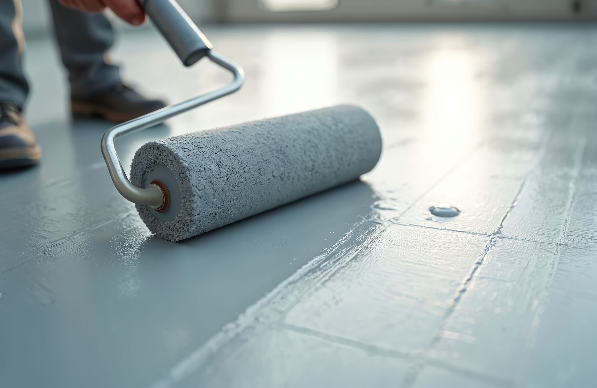 A man is sitting on the floor painting a wall with a roller.