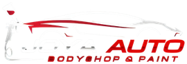 Logo for an auto body shop with a red car outline and text reading 