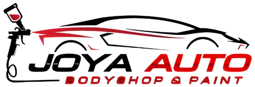 Logo for Joya Auto Body Shop & Paint: car being painted with spray gun. Red and black text on a white background.