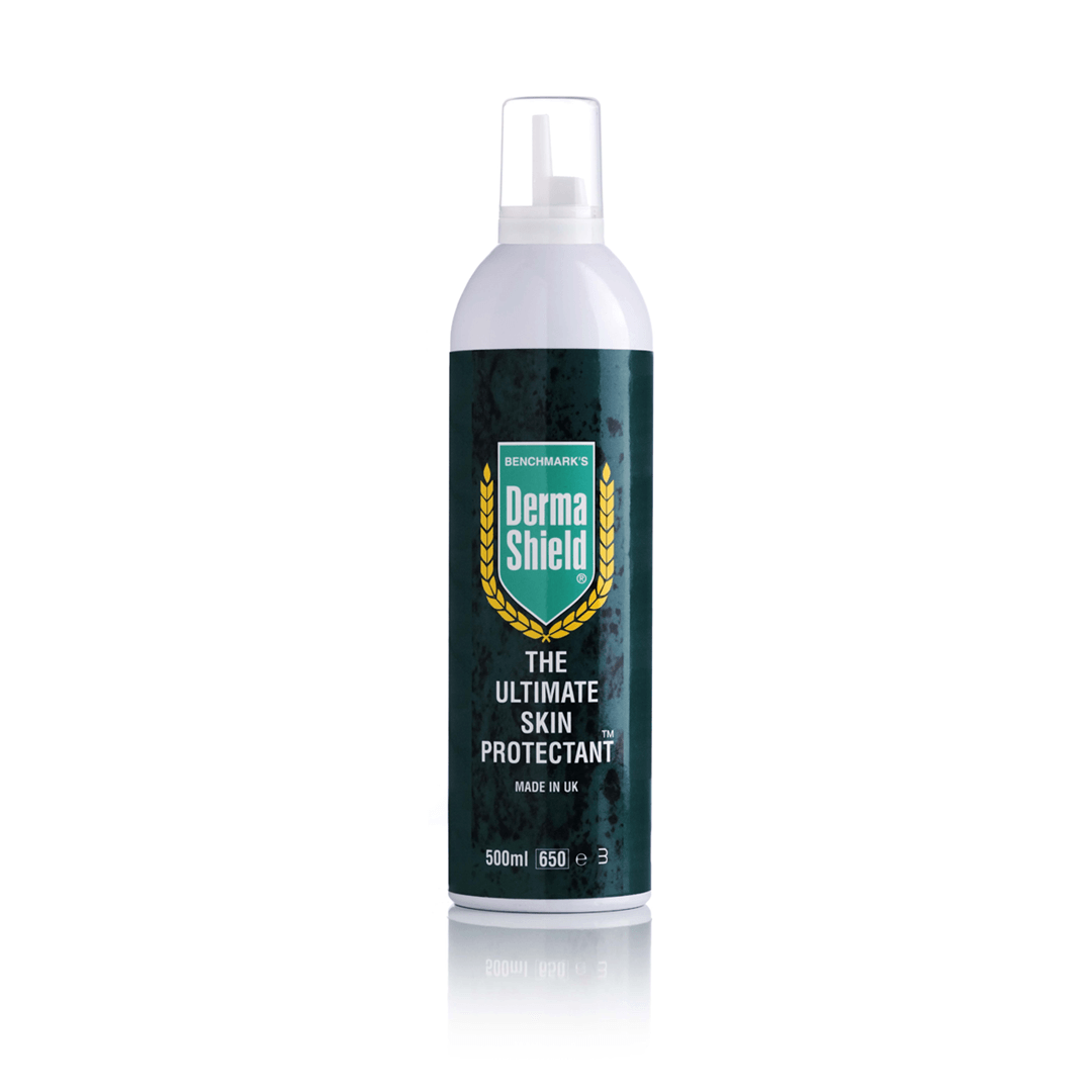 Bottle of Derma Shield skin protectant. Dark green label, white bottle with a pump.