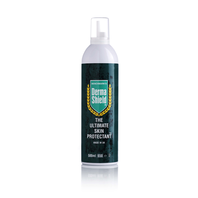 Bottle of Derma Shield skin protectant. Dark green label, white bottle with a pump.