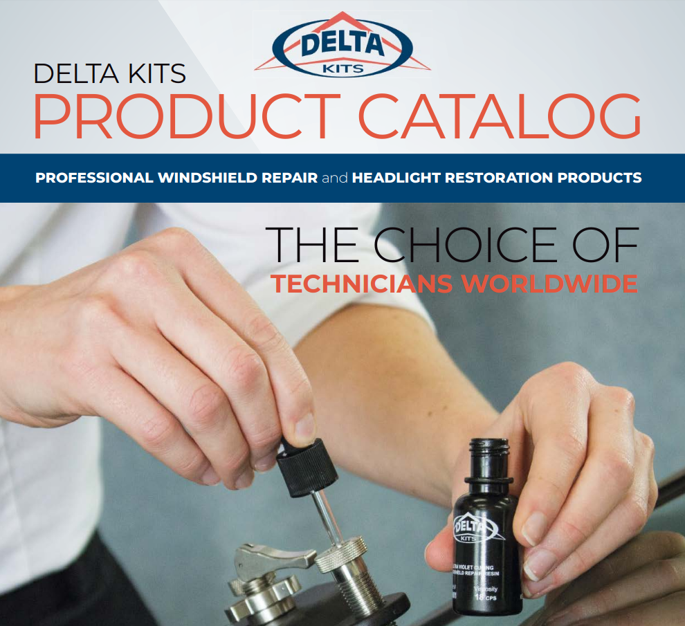 Catalog cover: hands using repair tools on a car windshield, Delta Kits logo, product catalog title, headline 