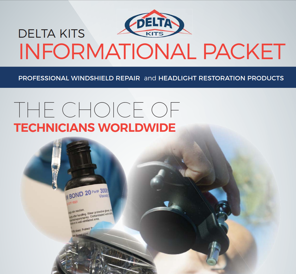 Informational packet for Delta Kits products, with bottle of resin, headlight, and hand holding part. Text states 