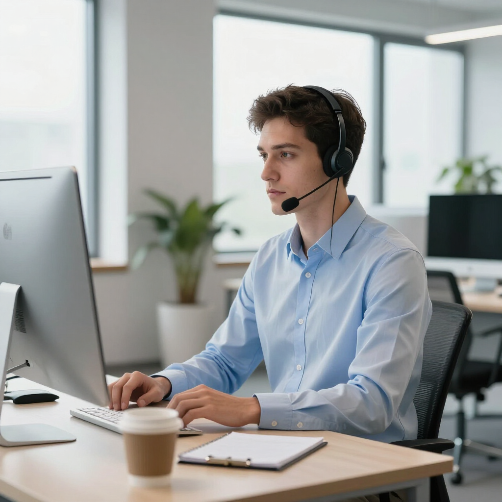 Man wearing a headset working at a desk in a bright office