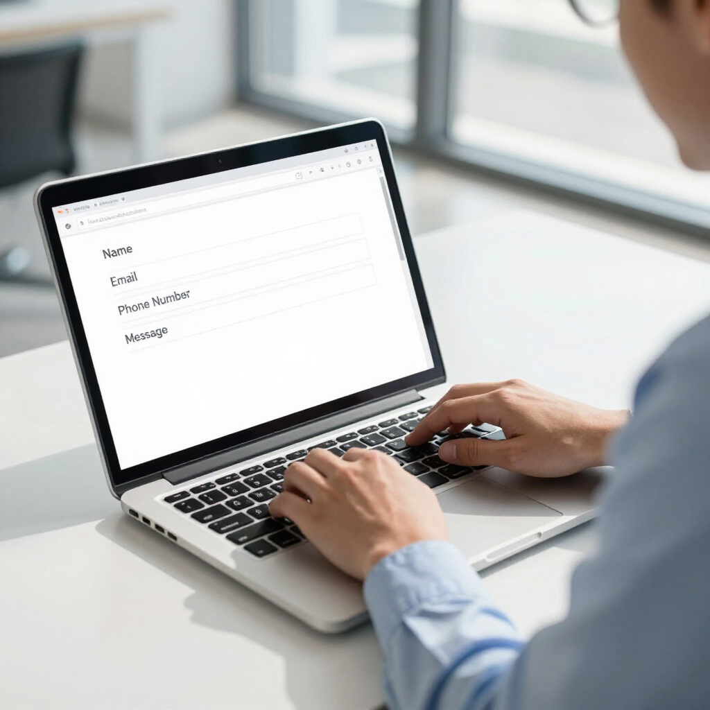 Person typing on a laptop with a white screen in a bright office setting