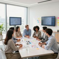 Team meeting around a conference table in a bright office, with charts on the table and screens on the wall