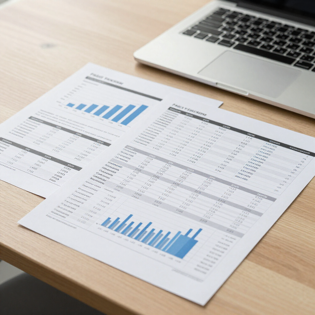Printed financial reports with blue charts beside a laptop on a desk