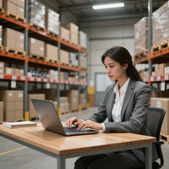 Woman working on a laptop at a warehouse office desk with shelves of boxes in the background