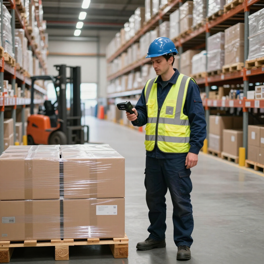 Warehouse worker in blue hard hat and yellow vest scanning a pallet of boxes with a handheld device