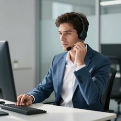 Support agent wearing headset working at a desk in a bright office