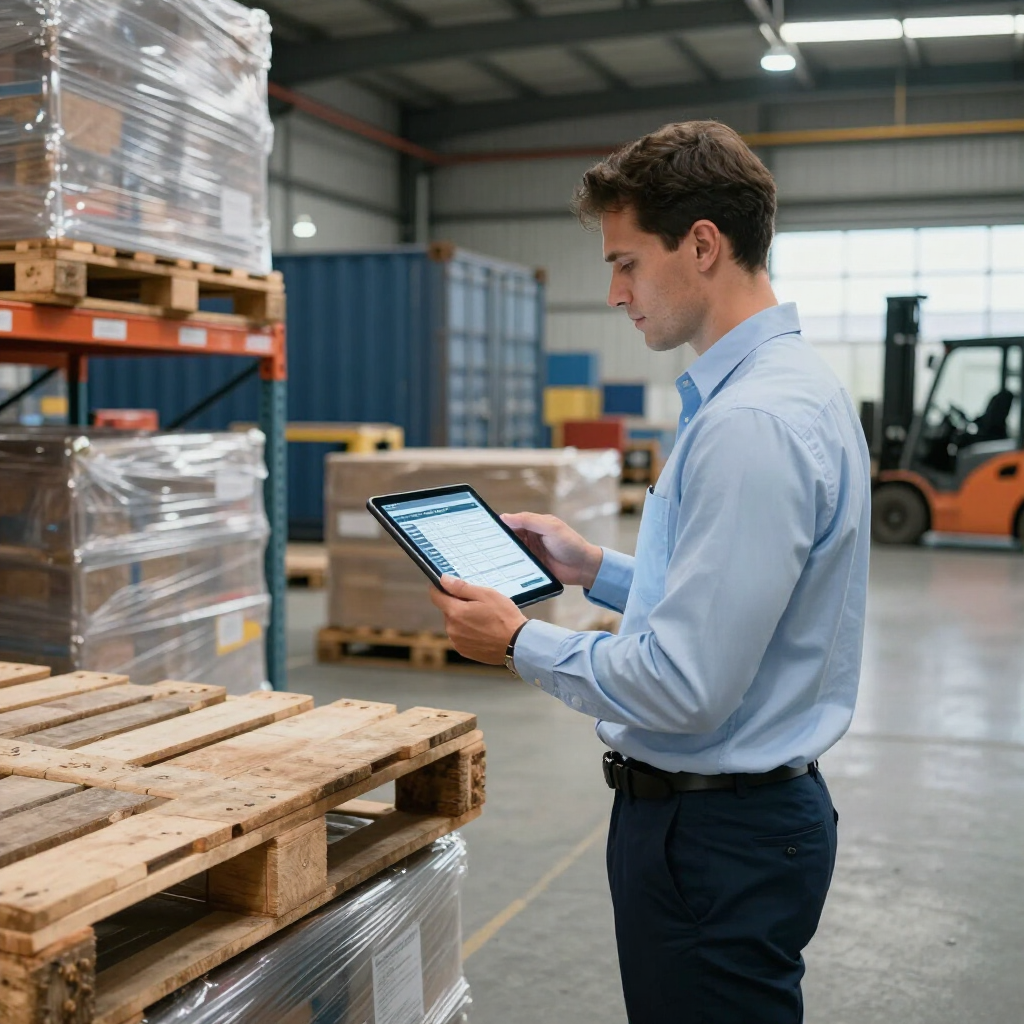 Warehouse worker using a tablet near stacked pallets and forklift in an industrial warehouse
