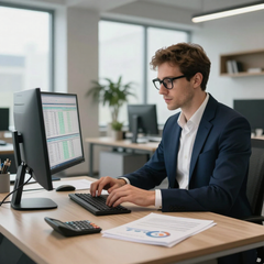 Person in a navy suit typing at a desk with a computer monitor, calculator, and paperwork in an office