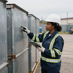 Worker in hard hat inspecting a metal container with a tablet at an industrial site