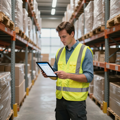 Warehouse worker in a yellow safety vest using a tablet between tall storage shelves