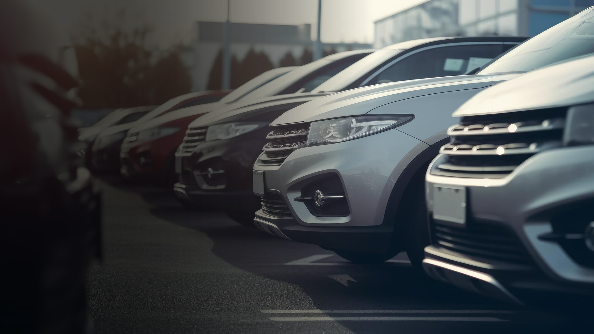 A row of cars parked next to each other in a parking lot.