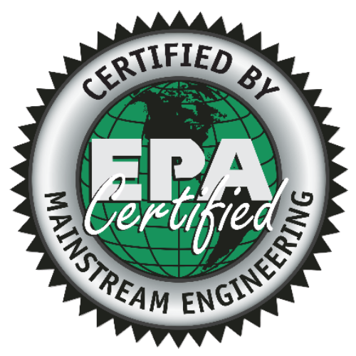 Circular EPA certification seal with green globe, gray border, and black text: “Certified by Mainstream Engineering.”