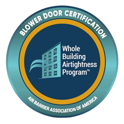 Blower Door Certification seal for the Whole Building Airtightness Program, blue and teal circular logo