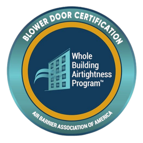 Blue and teal circular certification seal for Whole Building Airtightness Program blower door certification.