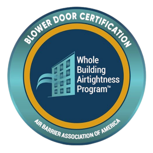 Blue and teal circular certification seal for Whole Building Airtightness Program blower door certification.