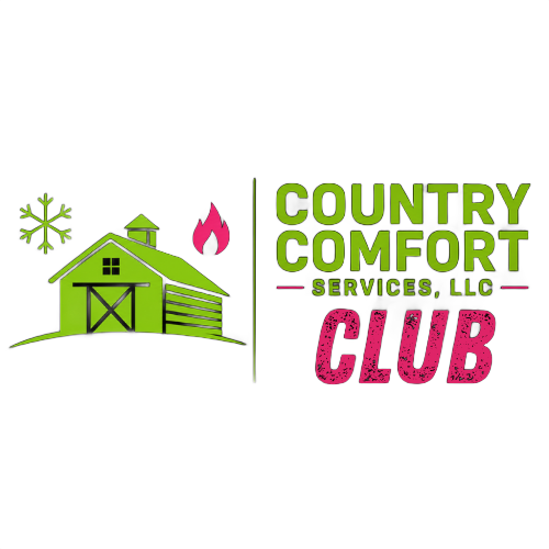 Green barn logo with snowflake and flame icons, reading “Country Comfort Services, LLC Club.”