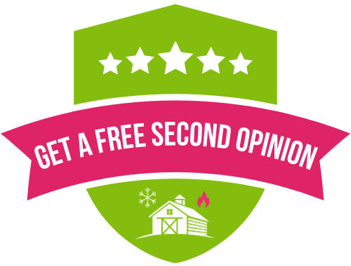 Green shield badge with stars and ribbon reading “Get a Free Second Opinion”