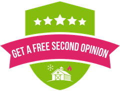 Green shield badge with stars and ribbon reading “Get a Free Second Opinion”
