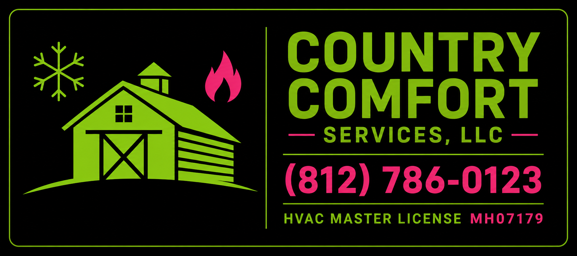 Country Comfort Services HVAC logo with neon green house icon, pink flame