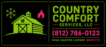 Country Comfort Services HVAC logo with neon green house icon, pink flame