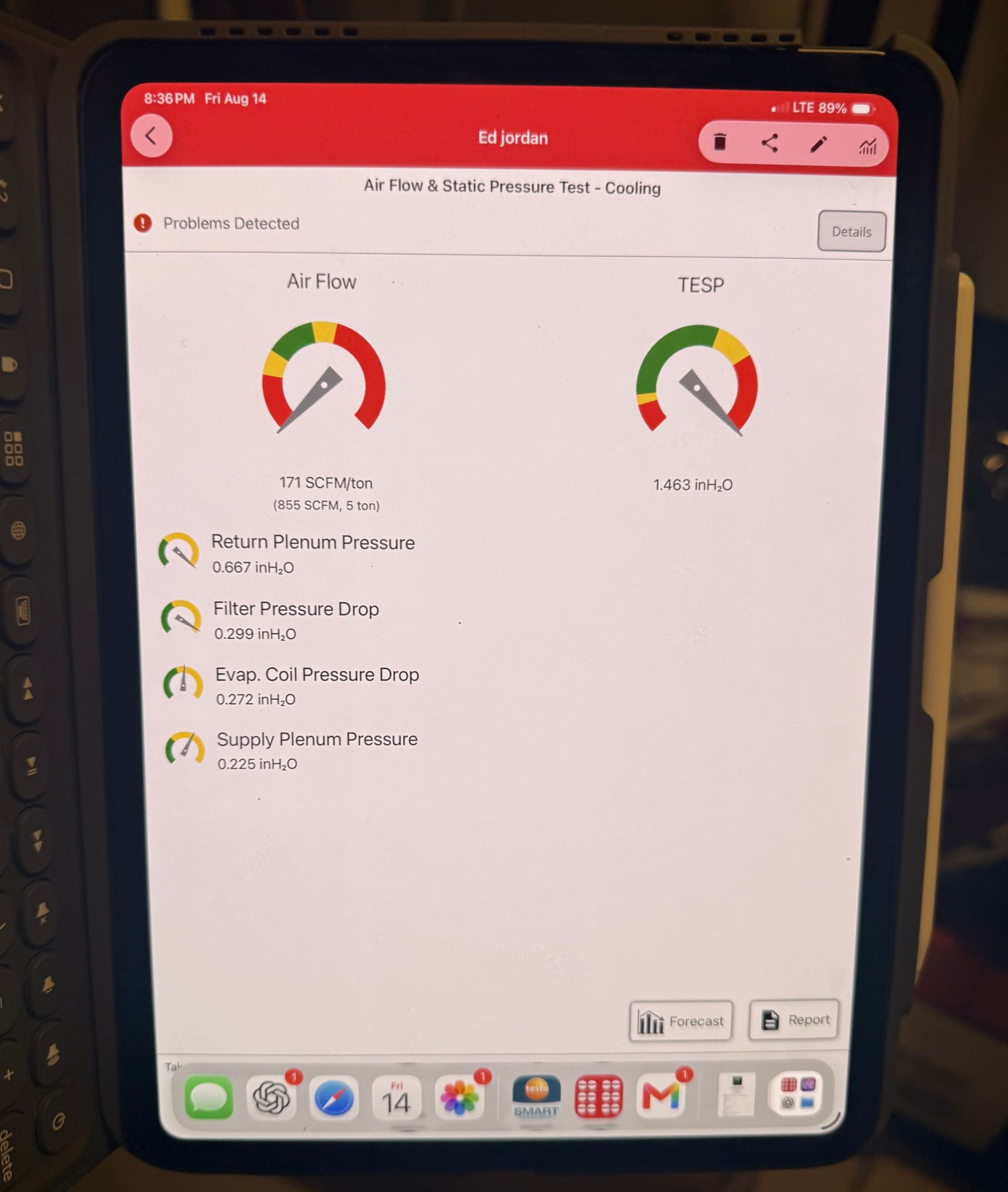 Tablet screen showing a health dashboard with red and green gauge meters and a list of readings underneath.