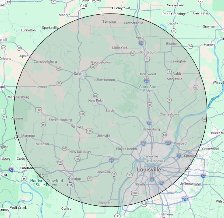 Circular map overlay highlighting a large area on a pale green regional road map