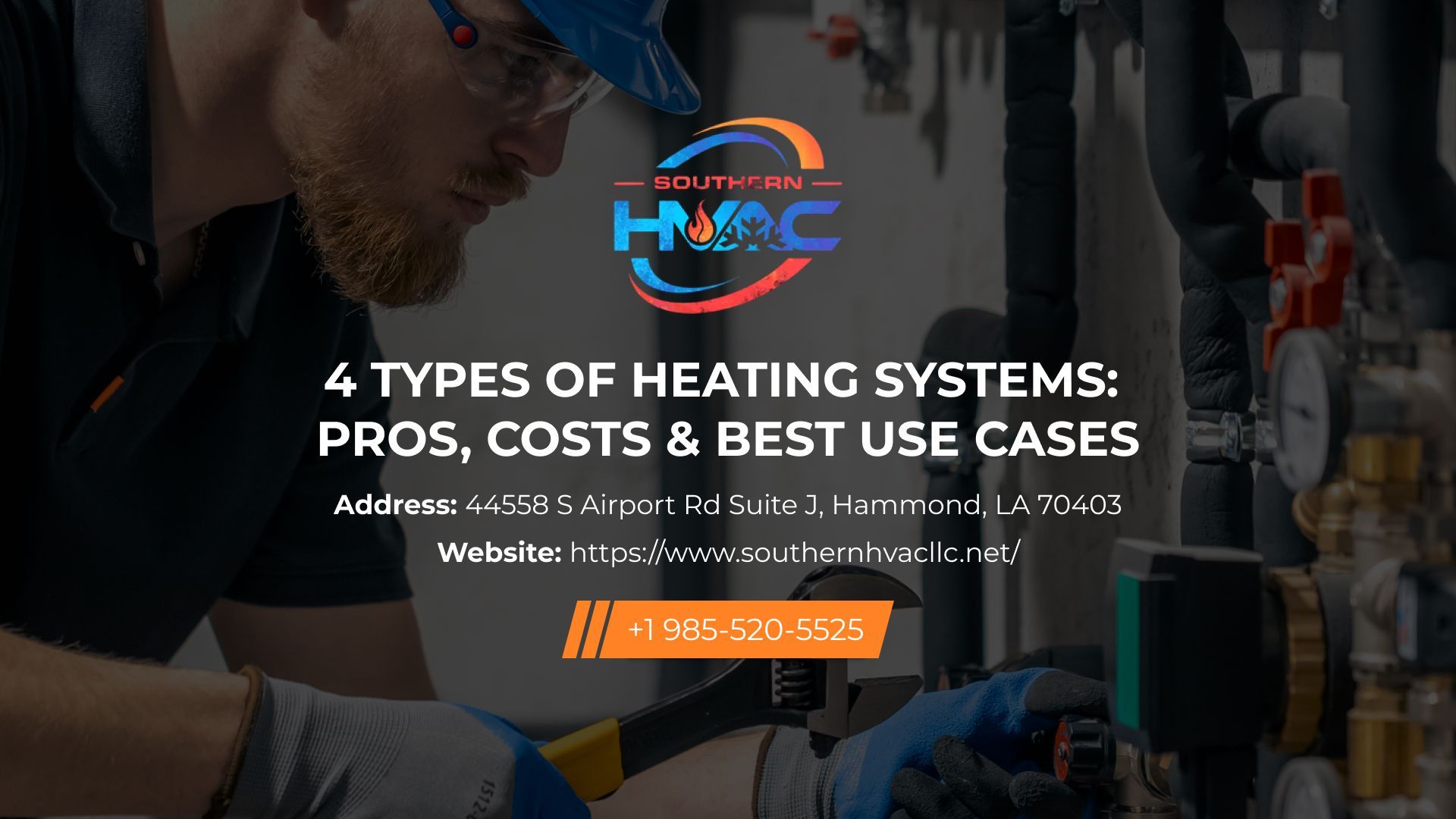 HVAC technician works on a system in this ad for Southern HVAC, featuring contact info and a heating system guide title.