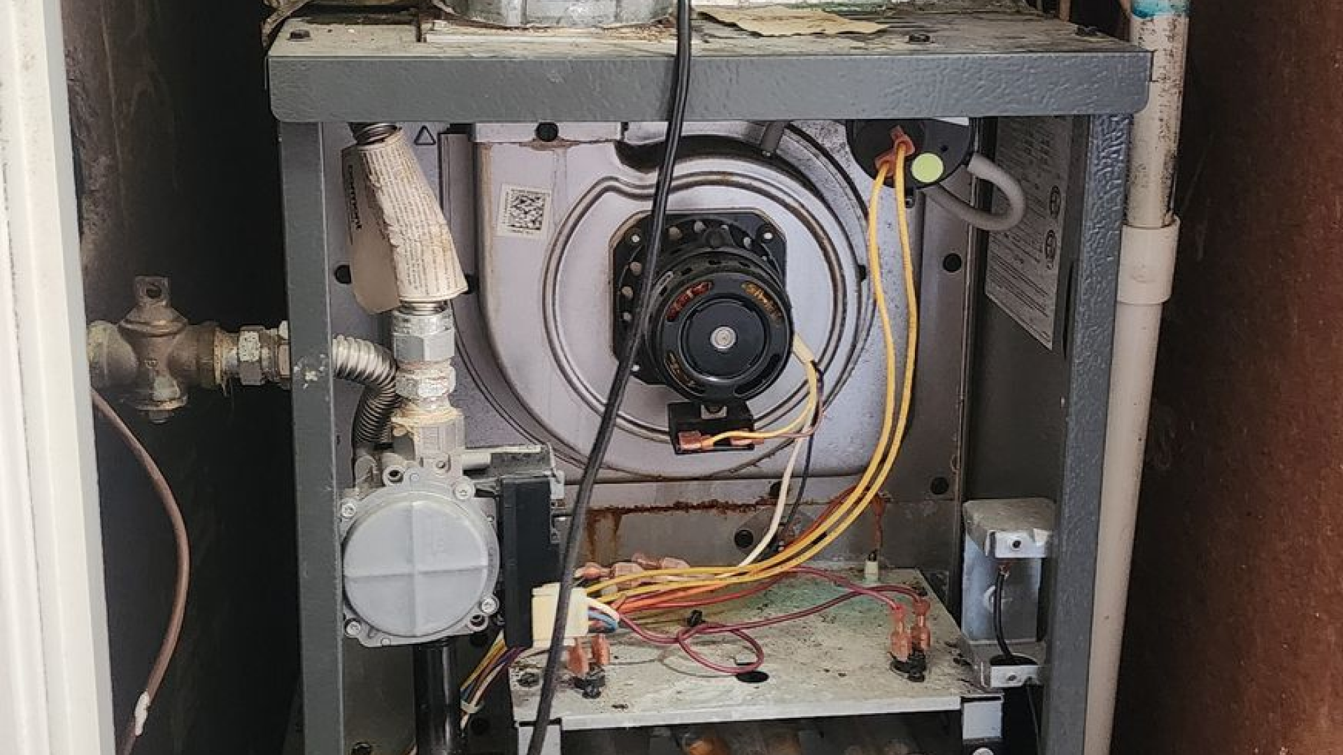 The interior of a gray gas furnace with a central exhaust blower motor, wiring, and metal plumbing components.
