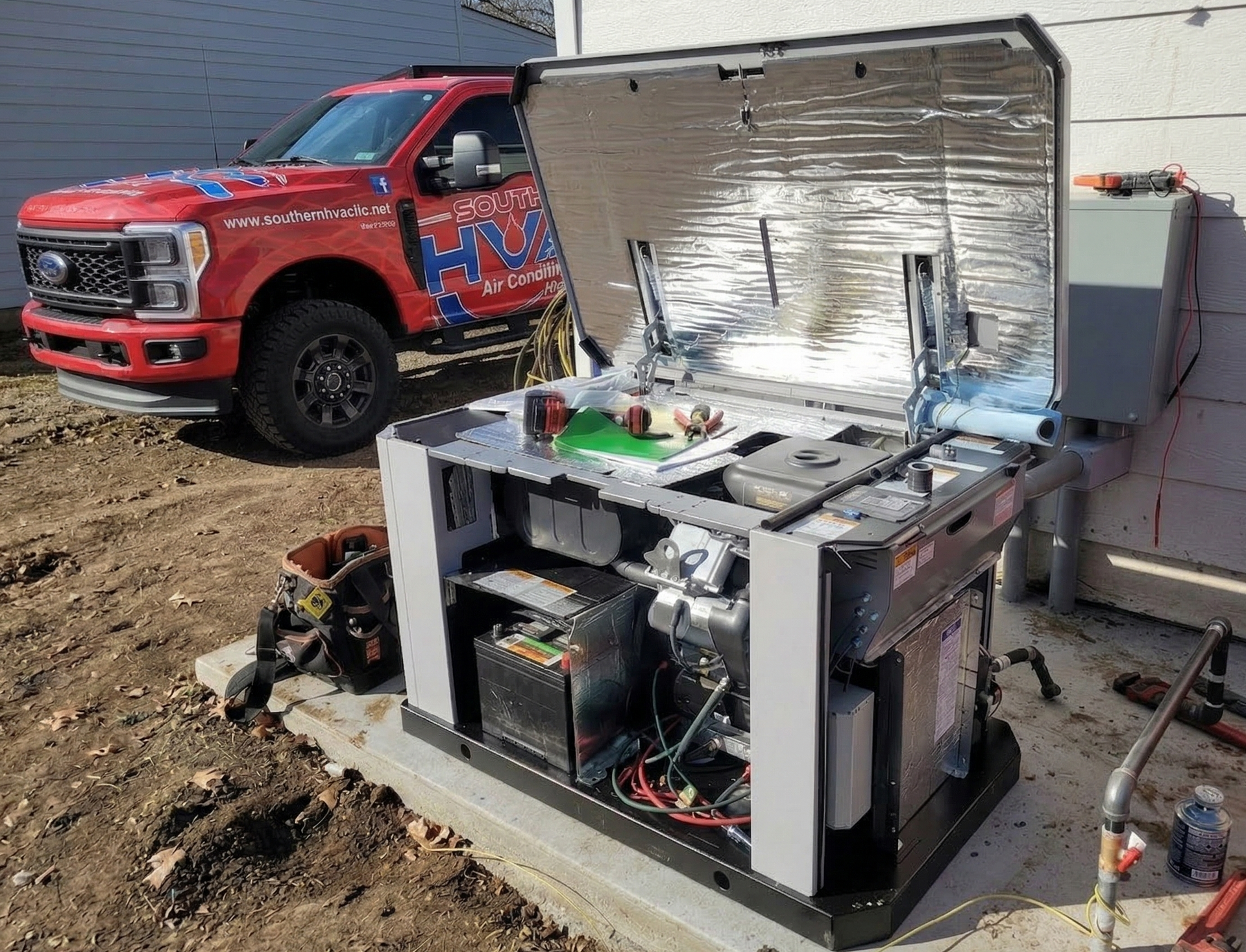 An open standby home generator on a concrete pad with a service truck parked nearby on a dirt lot.