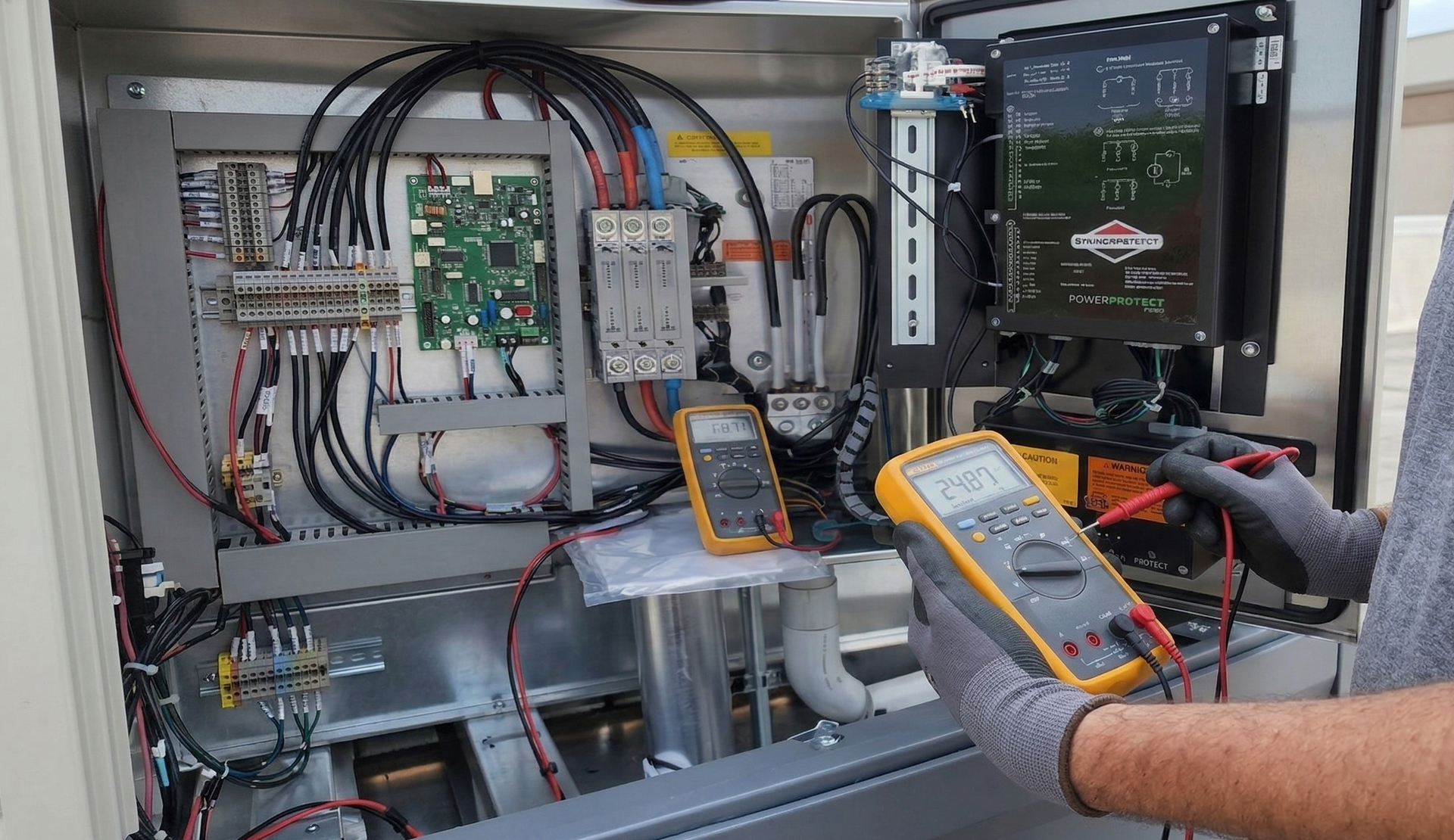 A technician in gray gloves uses a yellow multimeter to test wiring inside a metal industrial electrical control panel.