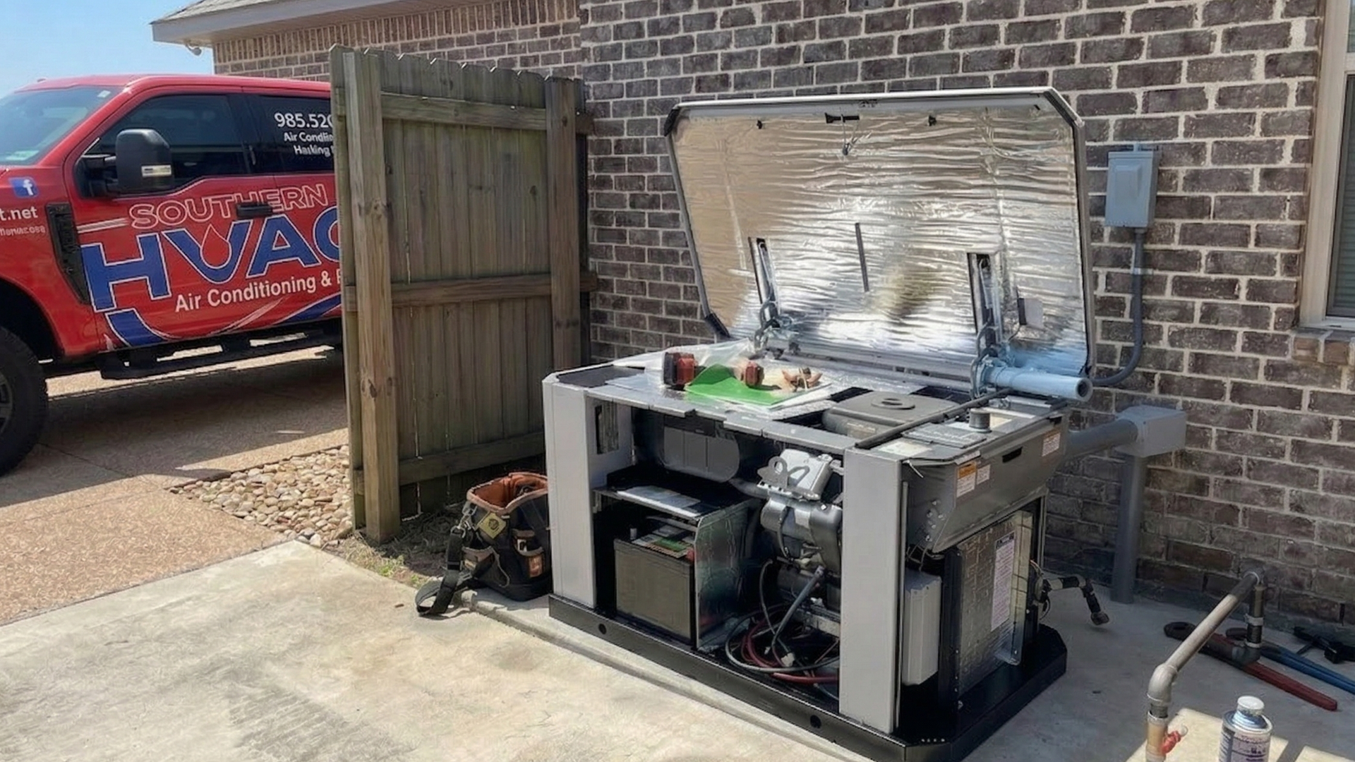 A technician services an open home standby generator on a concrete pad next to a brick house and a work truck.