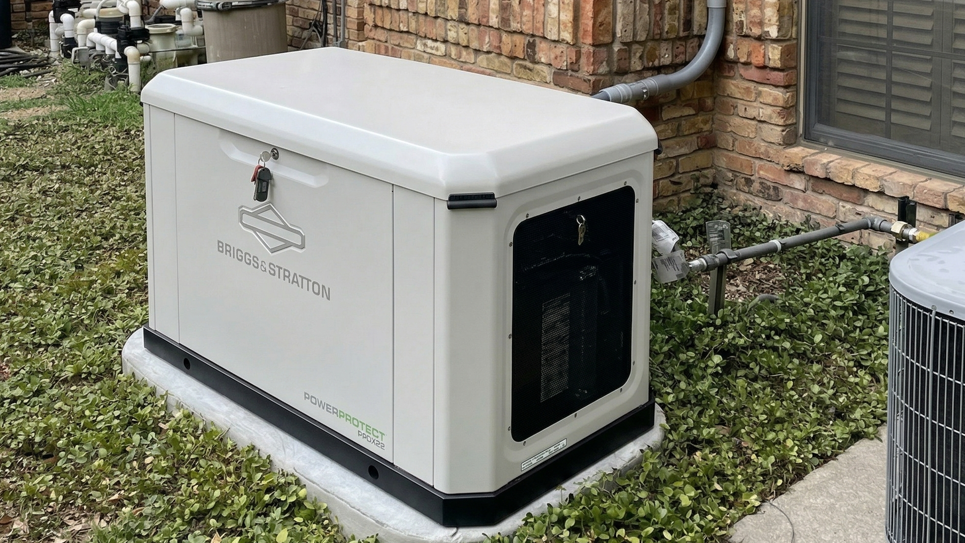 A beige Generac standby generator sitting on a concrete pad next to a brick house exterior.