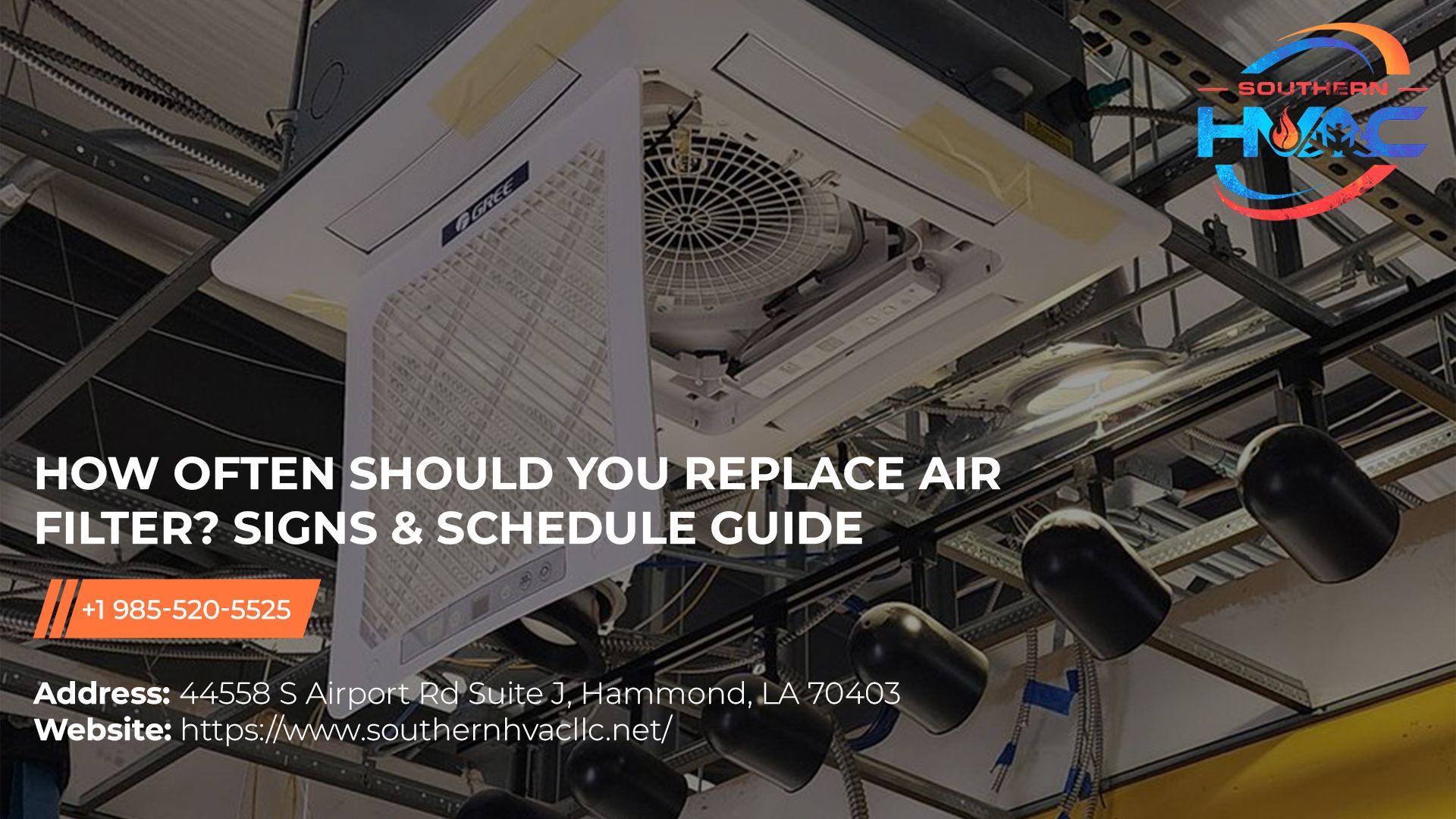 Ceiling-mounted HVAC unit with an open filter, featuring text about air filter replacement and company contact details.