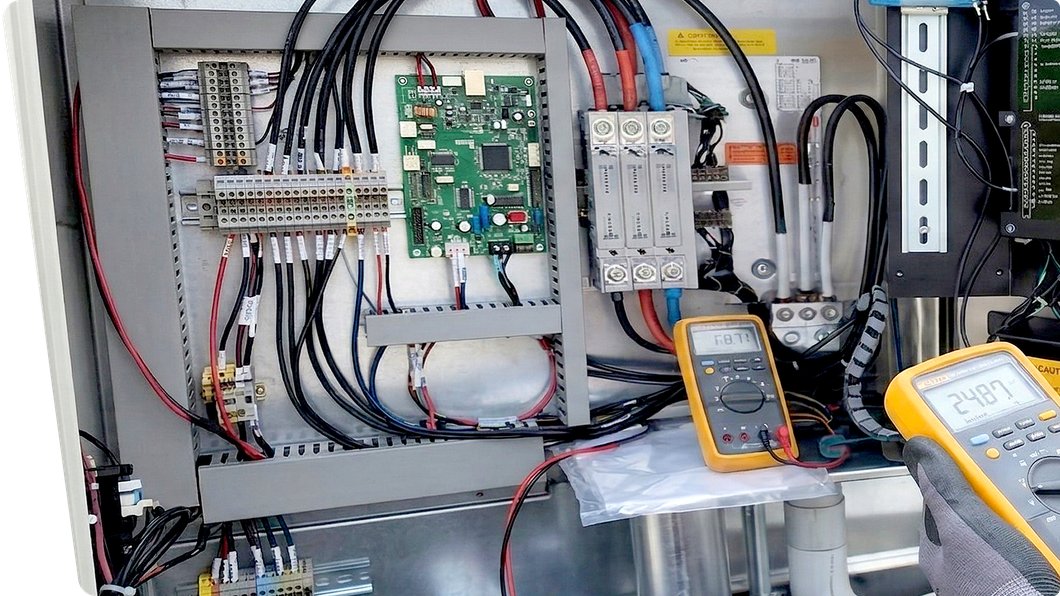 Electrical control panel with circuit boards, wiring, and two digital multimeters connected inside an open cabinet