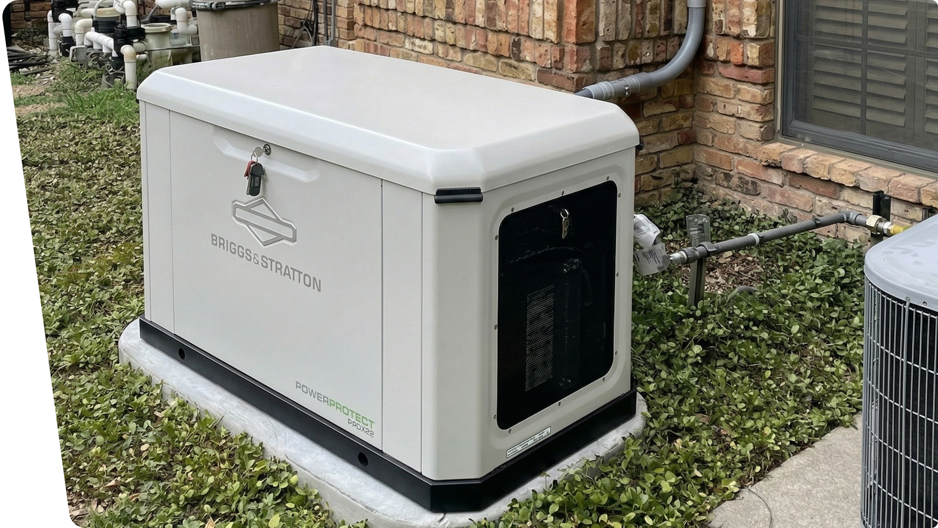 Person working on an air conditioning unit on a rooftop, with a water bottle and a white truck in the background.