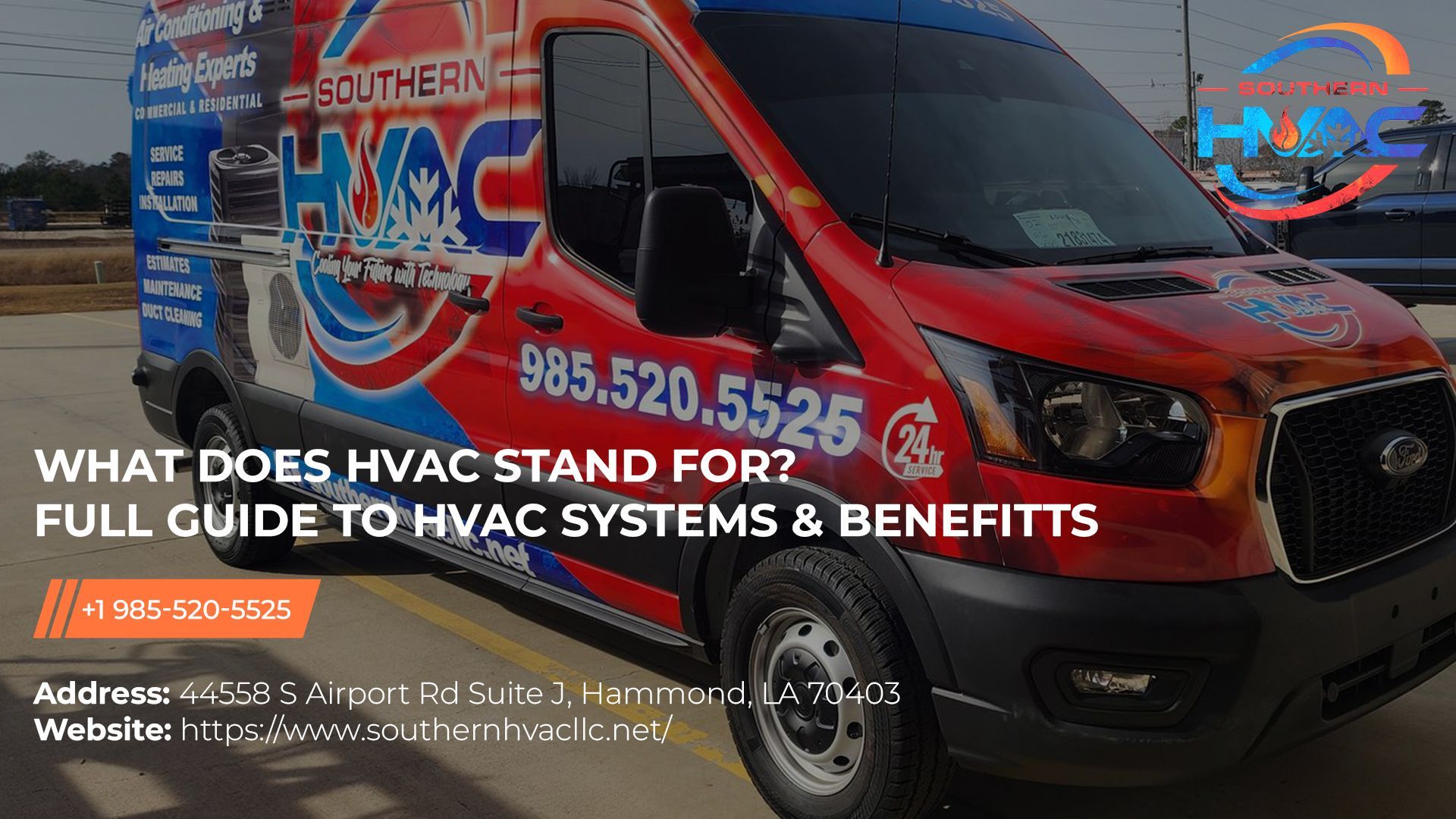 Red and blue service van for Southern HVAC, featuring the company phone number, address, website, and text about HVAC.